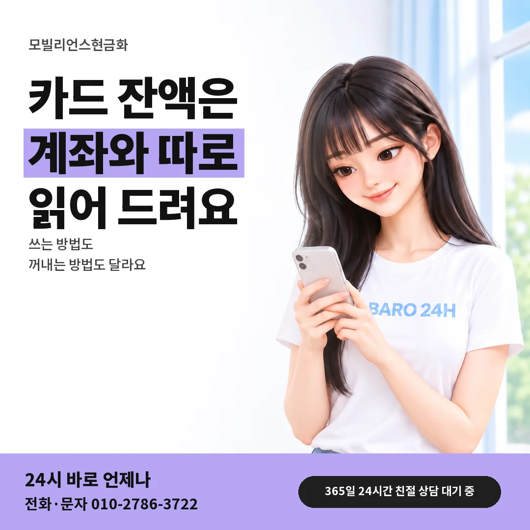 BARO 24H 티셔츠를 입은 3D 인물 옆에 「카드 잔액과 계좌 구분」 제목을 얹은 안내 카드